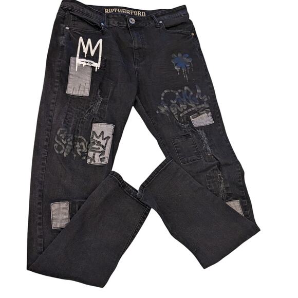Rutherford Skinny Fit Jeans Mens 34 Distressed Graffiti Patches Streetwear Bold - Picture 1 of 12
